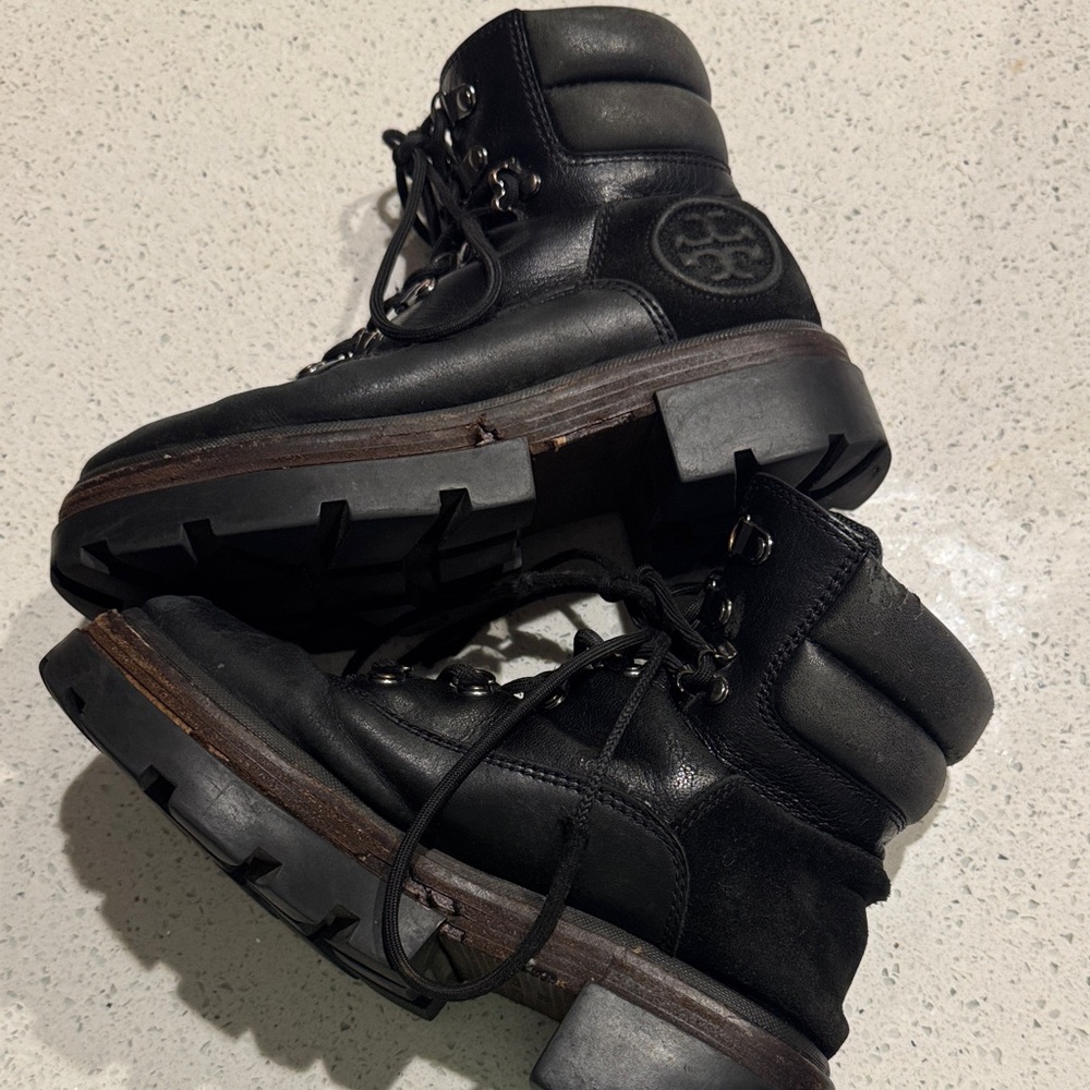 Tory Burch Women Black Leather Lace-Up Boots